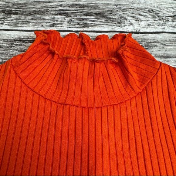 ZARA Women's Bright Orange Ribbed T Tee Shirt S SM Small Lettuce Edge Mock Neck - Picture 3 of 11